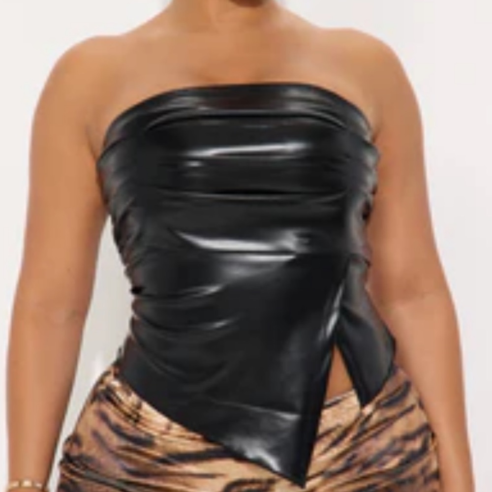 Fashion Nova Black Strapless Faux Leather Top